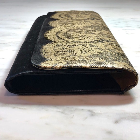 Black Satin + Gold Iridescent Lace Formal Clutch - Picture 2 of 8